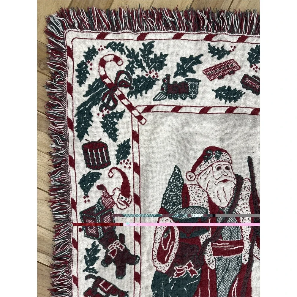 Vintage 1990 MWW Christmas Santa Woven Tapestry Throw Blanket Afghan 48x30